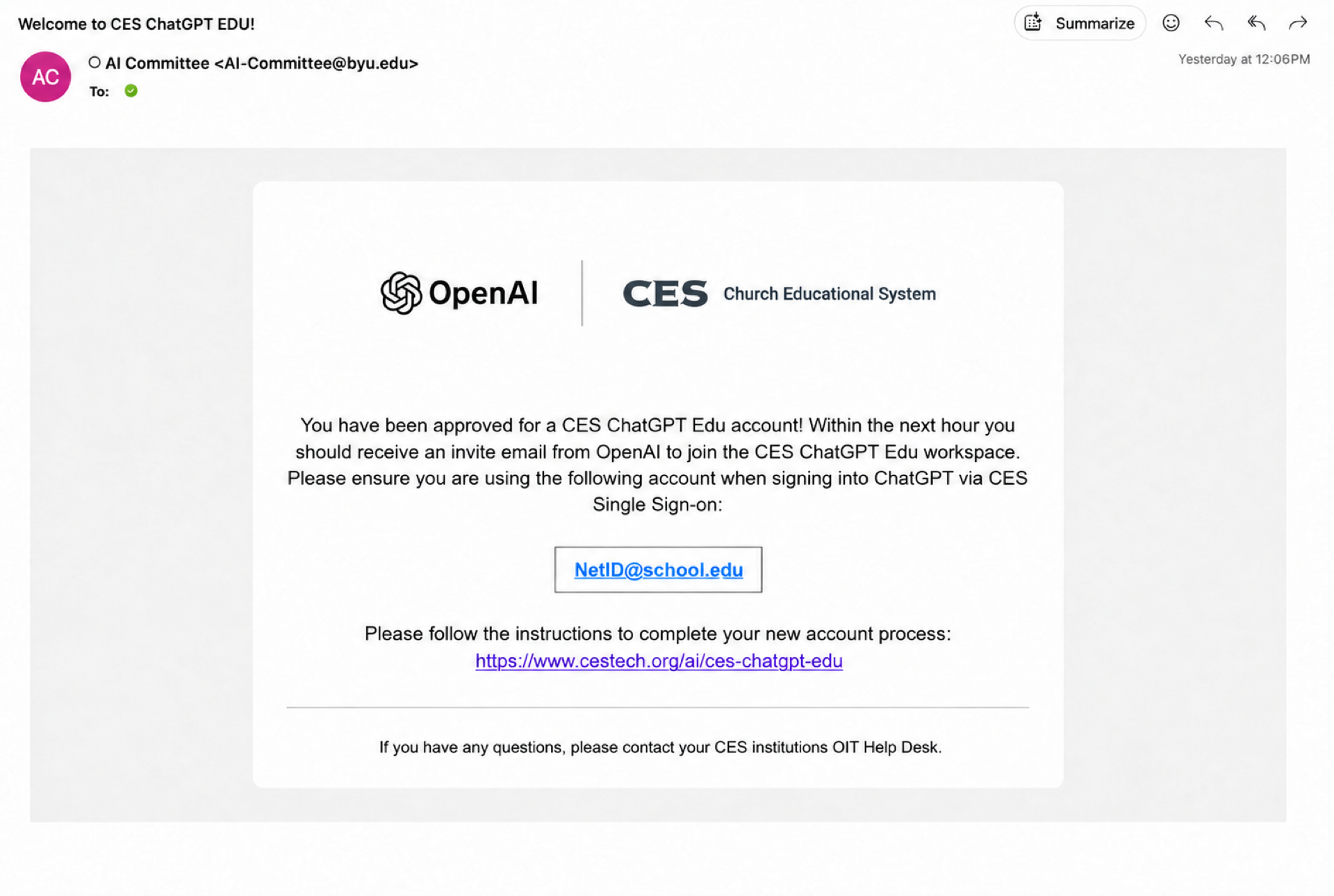 CES chatgpt email notification with student id