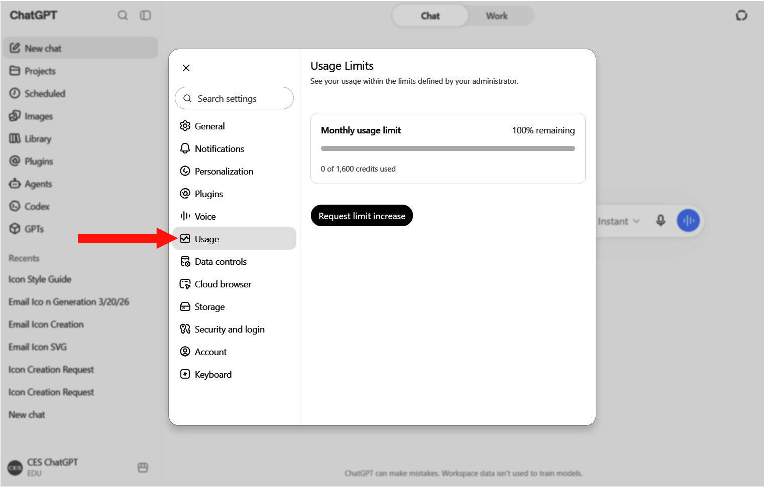 Arrow pointing 'Usage Option' under settings.