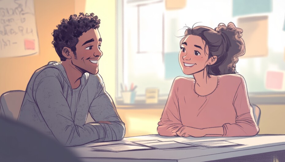An illustration of 2 people studying