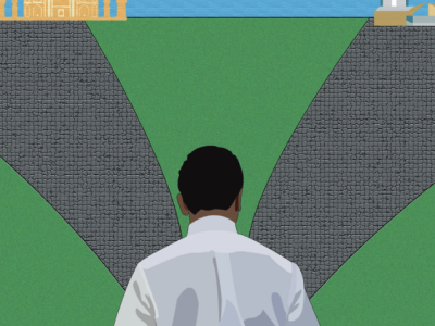 An illustration of a man in a white shirt with the Petronas Towers and Taj Mahal in the background.