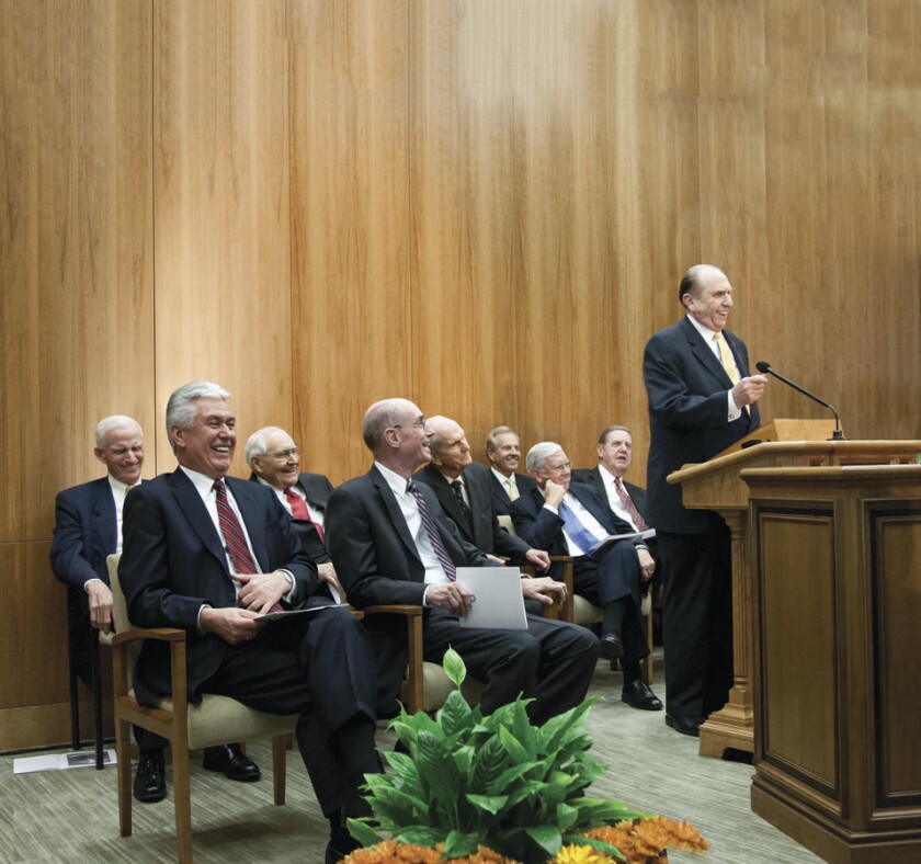 President Thomas S. Monson along with other apostles of the church gathered to dedicate the Tanner Building addition.