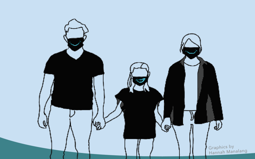 Graphic of man and a woman holding a girl's hand with black masks with smiley faces drawn on them with a blue background.
