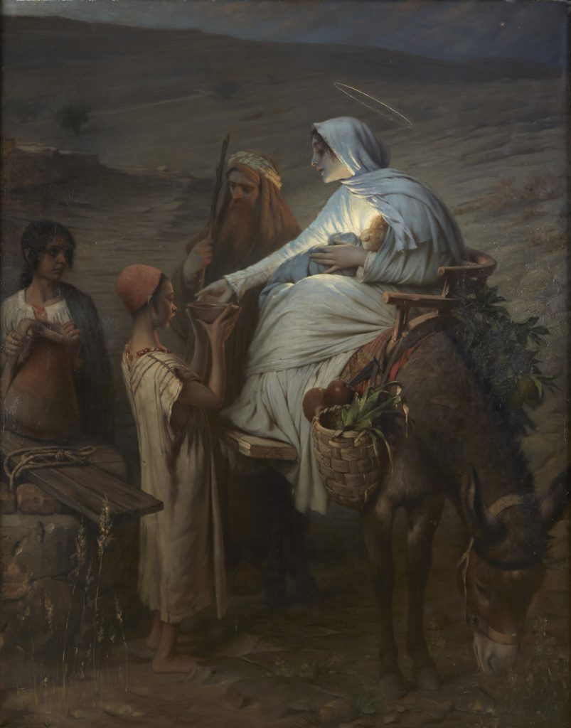 Mary holding the baby Jesus on top of a donkey, receiving water from a boy with a bowl