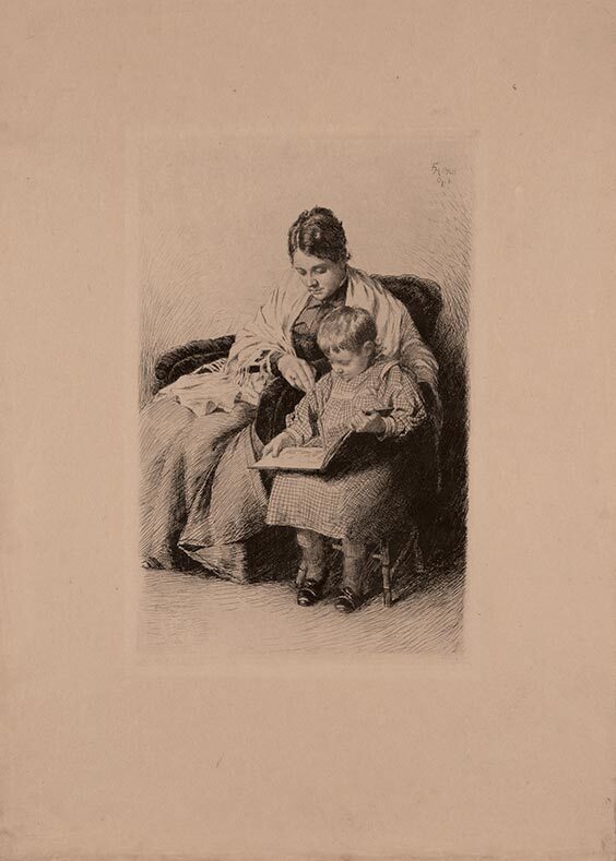 Frants Henningsen, Reading with Mom, 1901, etching