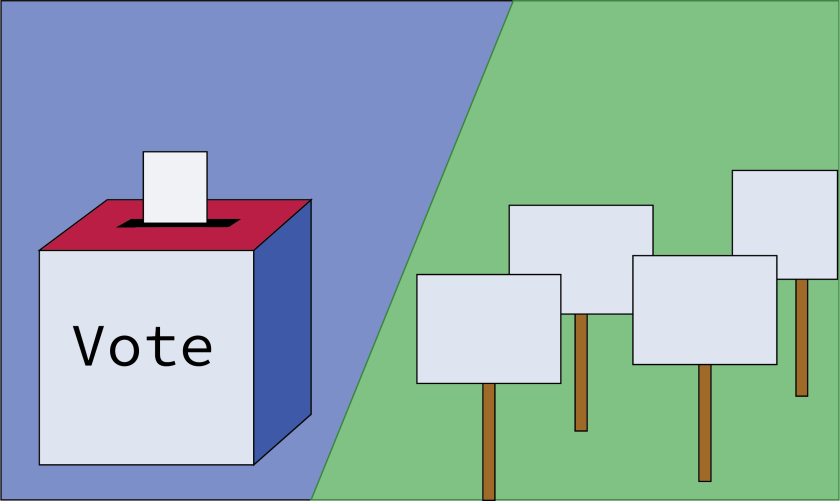 Graphic with left side having a box saying "vote" with a blue background and right side with signs and a green background.