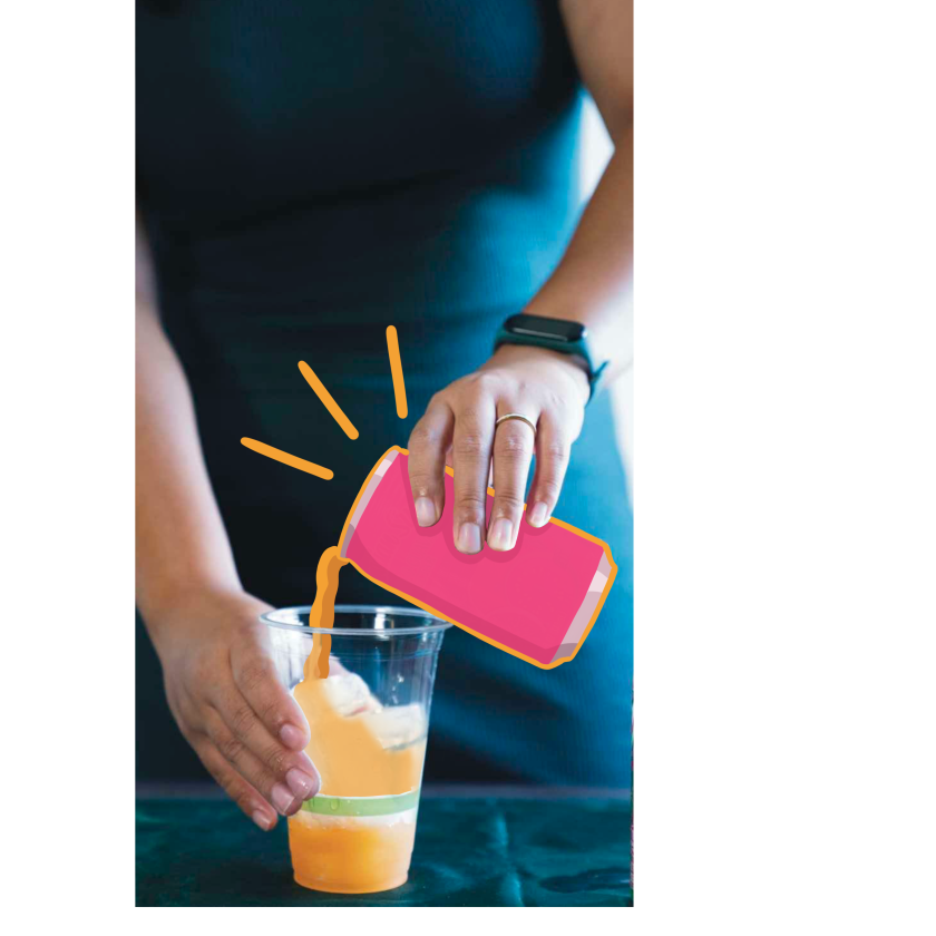 A person pours an orange liquid from a can into a cup.