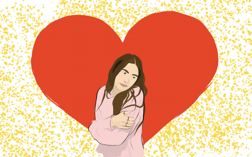 An illustration of a woman hugging herself with a heart in the background
