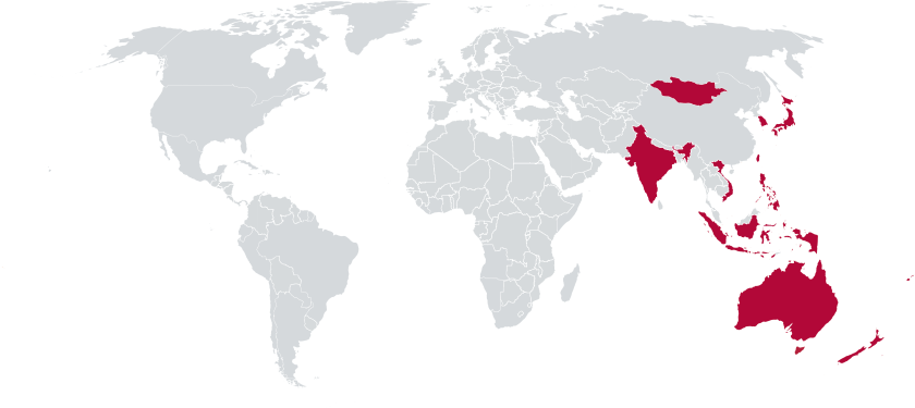 Map of APCC participating countries from Vietnam, Tonga, Taiwan, Samoa, Philippines, New Zealand, Mongolia, Micronesia, Korea, American Samoa, Cook Island, Fiji, Hong Kong, India, Indonesia, and Japan.