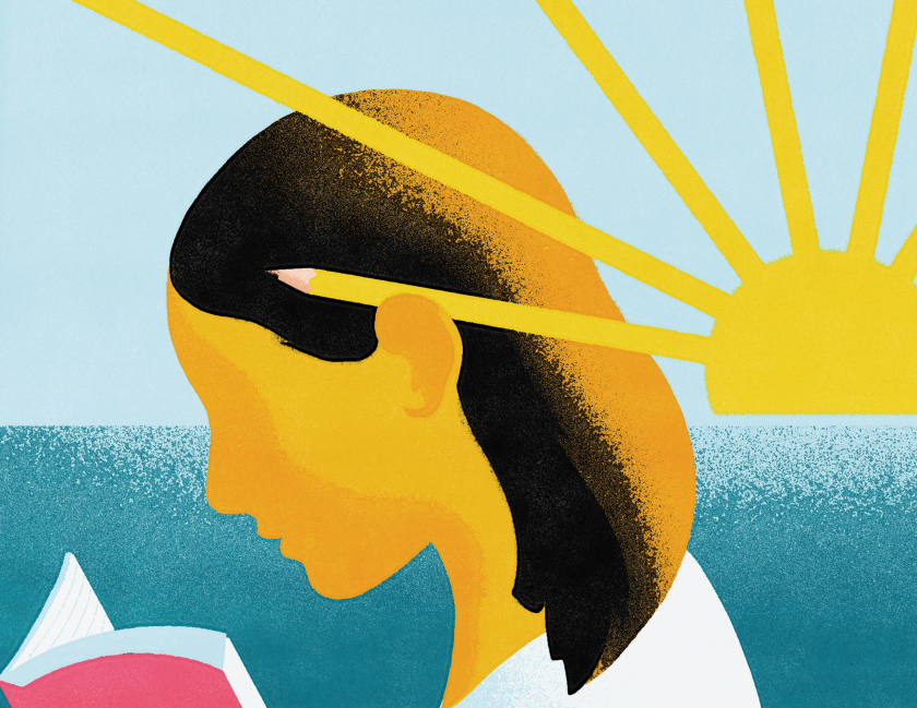 An image of a woman reading a book, a ray of sunlight becomes a pencil tucked behind her ear.