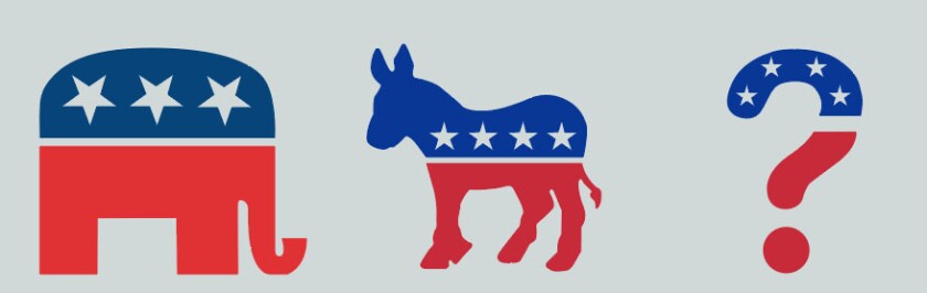 Graphic of red and blue with stars elephant, donkey and question mark.