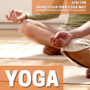 Poster with the sides of two people who are meditating with the yoga announcement over the top of it.