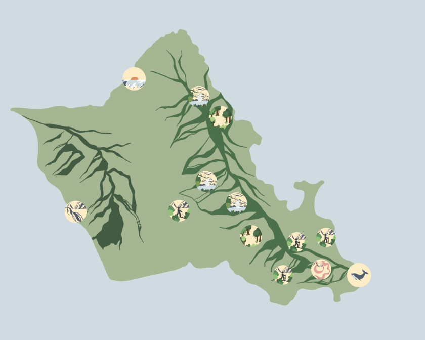A drawn map of Oahu with small circle graphics corresponding to different hikes depicting hiking, forests, waterfalls, the beach and whales.