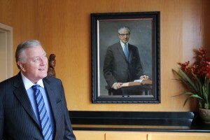 Former senator Larry Pressler looks out at Y Mountain. Pressler joined the LDS church one year ago and shared his experience with several classes at BYU. (Isaac Wright)
