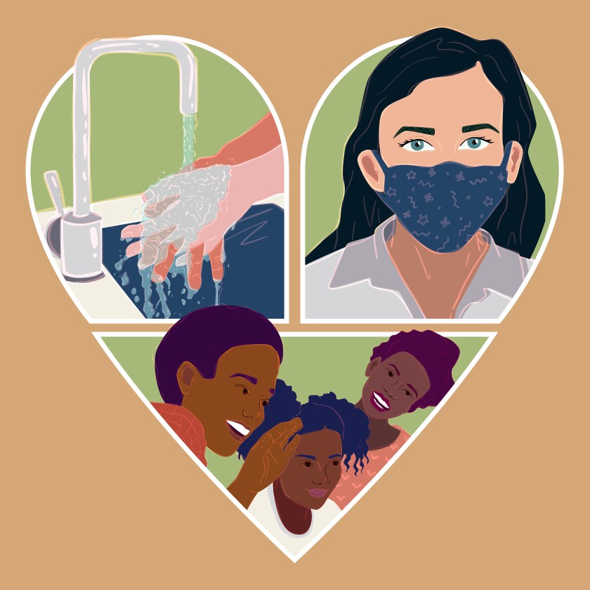 Graphic of a three different visuals in each point of a heart, one being washing hands, the second a girl wearing a mask and the third a family smiling together.