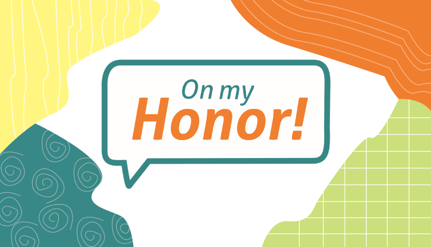 Yellow, teal, green and orange graphic with the logo "On my Honor" in the middle.