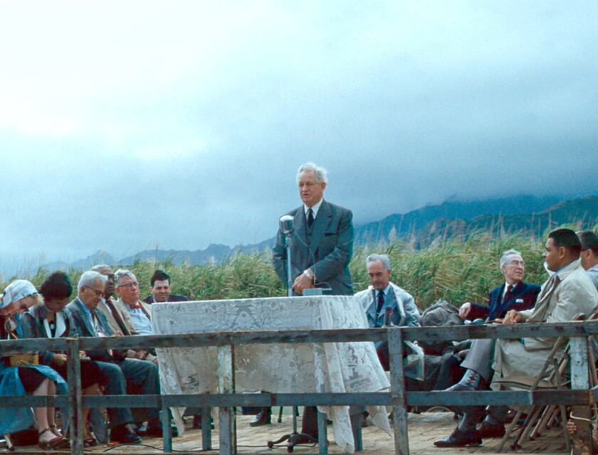 President David O. McKay giving his famous groundbreaking speech