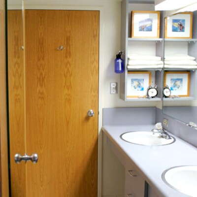 Bathroom with 2 sinks at Helaman Halls