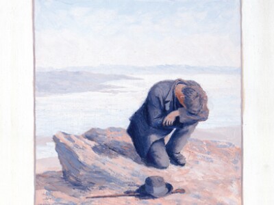 A gouache painting of a man kneeling in prayer