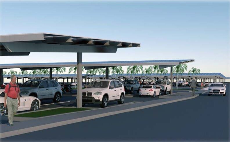 Graphic rendering of solar carports covering a large parking lot.