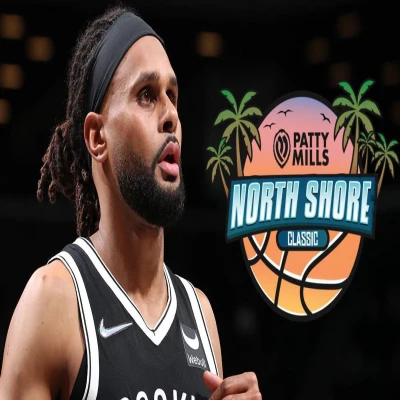 There is a basketball player on the left. Captured is his side profile. He has braids, a beard and mustache. He's brunette with tan skin. He is wearing a black headband and a black and white jersey. Next to him is a 'Patty Mills North Shore Classic' logo. The logo has a basketball with palm trees sticking out at the sides with the words in the center in black, blue, and white font.