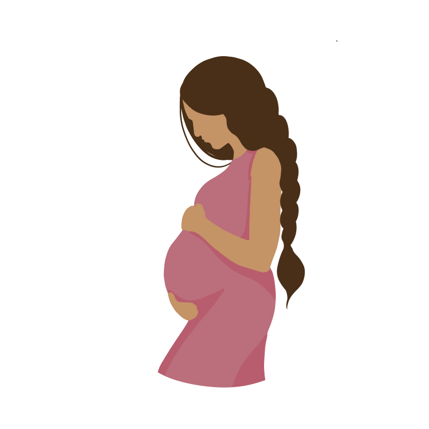 A drawing of a pregnant woman with braided brown hair in a pink dress holding her baby bump.