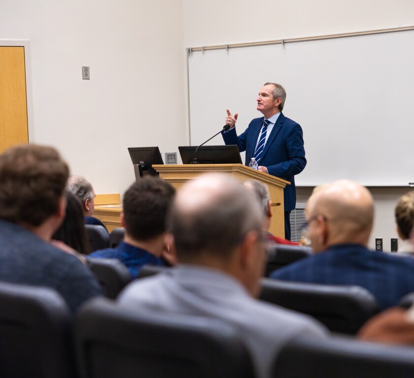 French Senator Stéphane Demilly talking to BYU students.