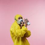 Man in yellow hazmat and mask spraying disinfectant.