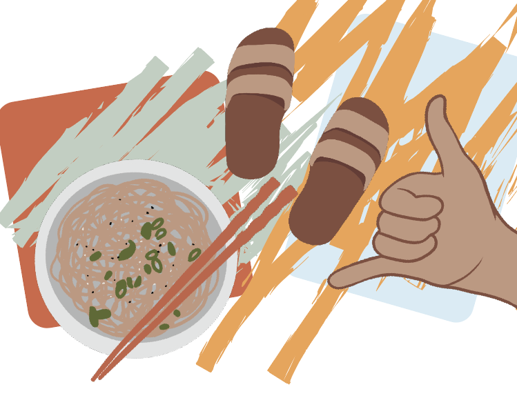 An illustration of a bowl with rice and chopsticks, sandals, and a shaka hand sign with colored lines behind them.
