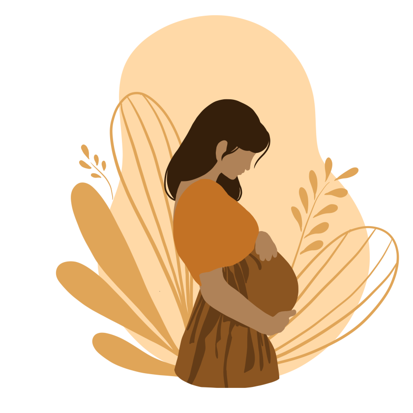 A drawing of a pregnant woman with black hair and an orange shirt and skirt holding her baby bump.