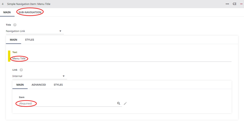 Example image of a new navigation menu with key points circled