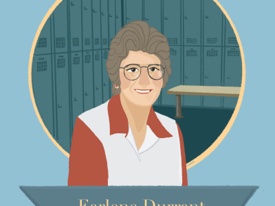Graphic image on a blue background of a light-skinned woman with short gray hair, wearing a red and white polo shirt. In a circle behind her head is a set of lockers and a bench. A banner of text in front of her reads Earlene Durrant.