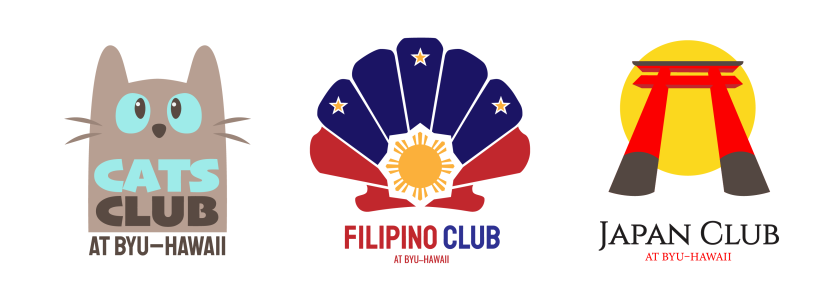 Student club mark examples using "at BYU–Hawaii" after the club name such as "Cats Club at BYU–Hawaii", "Filipino Club at BYU–Hawaii", and "Japan Club at BYU–Hawaii." These student club marks do not use any part of the official university marks but are unique designs to the club.