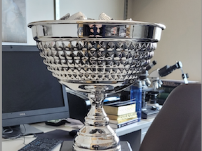 The spiritually strengthening faculty award is shown as a silver bowl sitting on a desk.