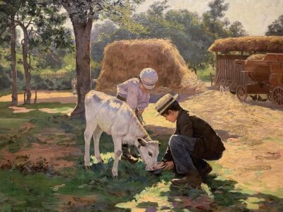 A painting of two young children feed a white calf against a pastoral background