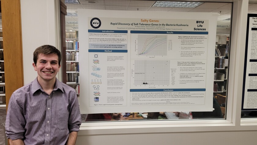 A light-skinned male with brown hair and a purple button down shirt stands to the left of a large poster consisting of his research results.