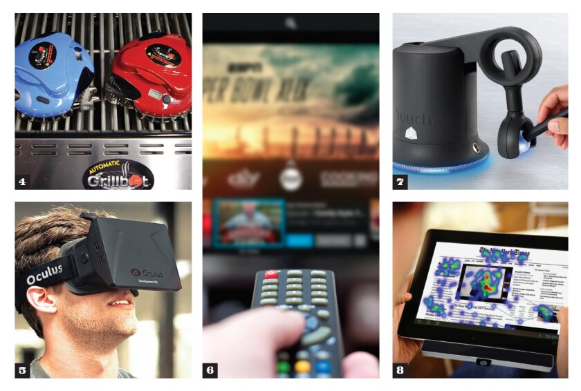 4. Grillbot 5. Oculus on a man's head 6. a person pointing a remote at a TV 7. a Touch device 8. A broken tablet screen