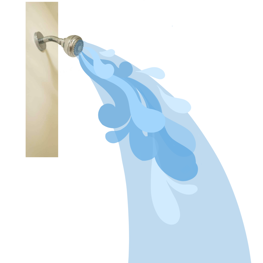 A shower with a drawing of water flowing out.