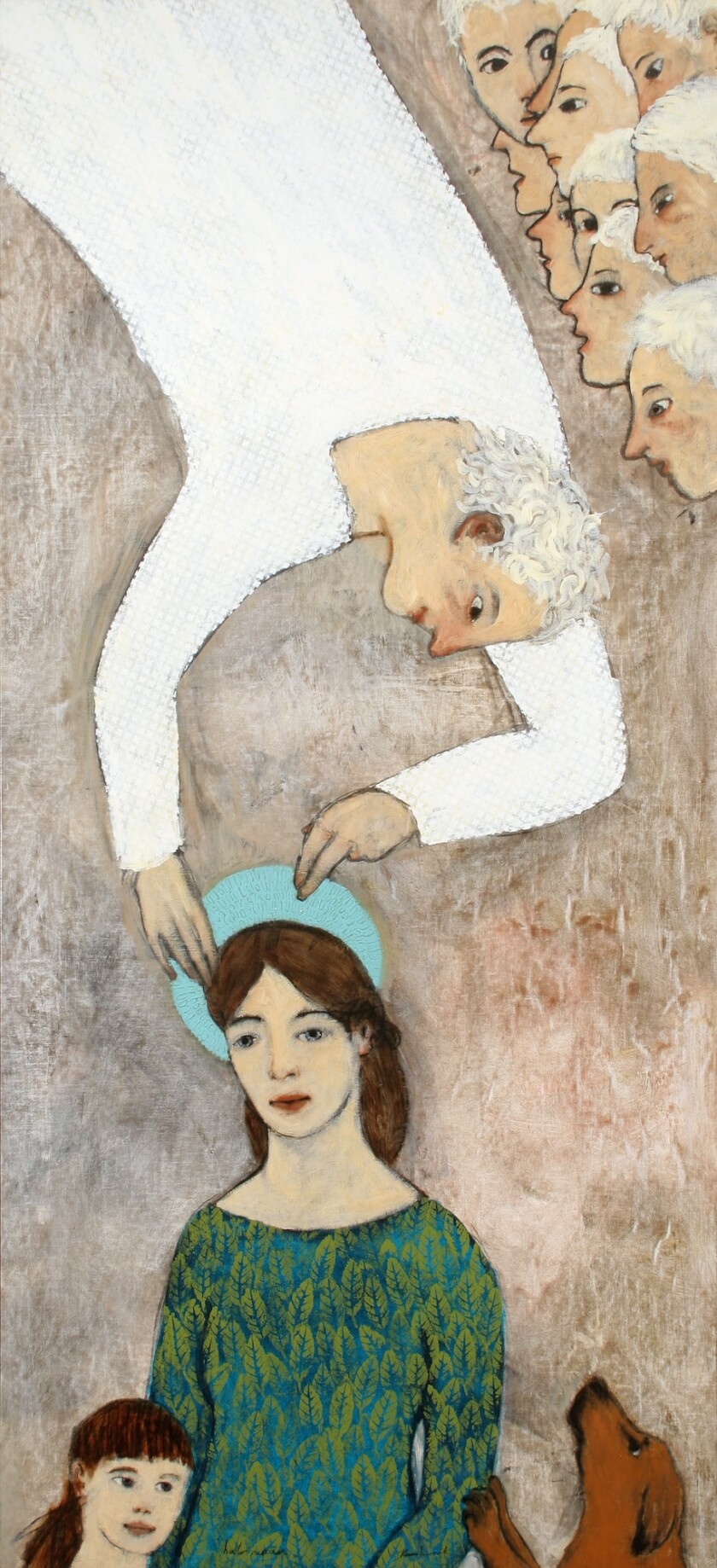A painting of an angel descending to adjust a woman's blue halo while a child, a dog, and other angels look on