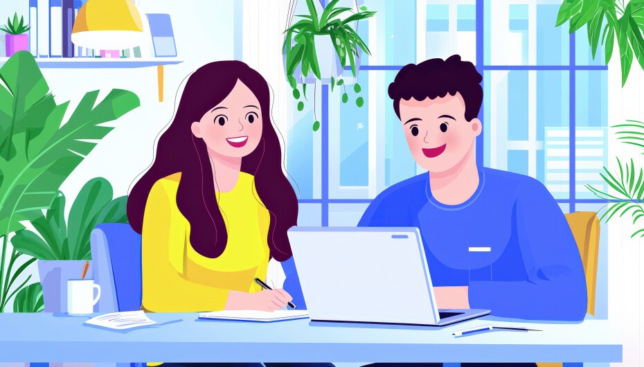 An illustration of 2 people studying