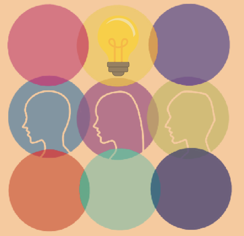 Graphic of 9 circles, over lapping sides each different colored, with three outlines of different people in the middle circles and a lightbulb on the top middle circle.
