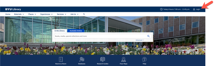 Screenshot of HBLL homepage with a red arrow pointing to "Login" in the top right corner.