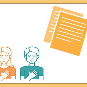 Illustration of two students with hands on their hearts and a st of papers