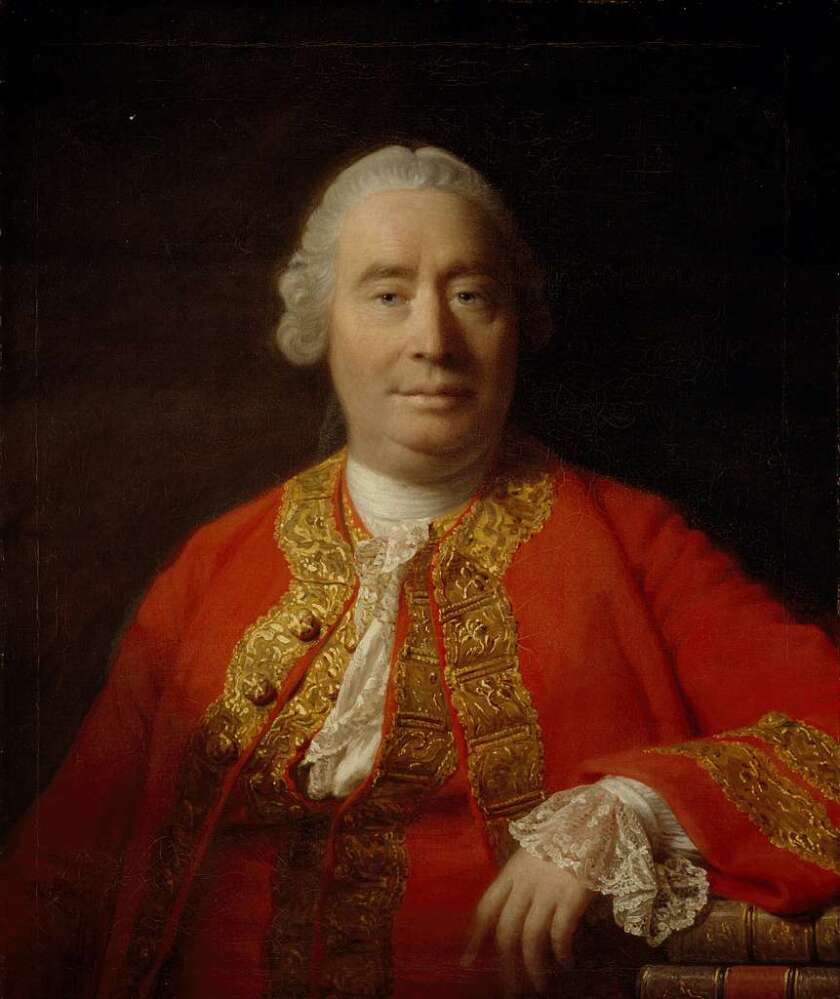 Painting of David Hume - a heavy set man in a powdered wig and historical clothing.