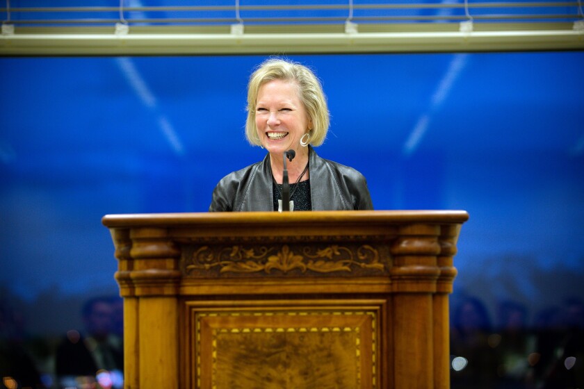 UN Foundation director Kathy Calvin speaks during the Romney Institute's Administrator of the Year ceremony.