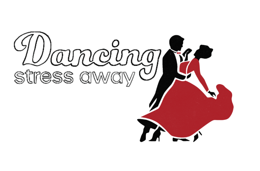 Graphic of a silhouette man wearing a black tux and red bowtie dancing with a woman wearing a long flowing red dress with the words "Dancing stress away."