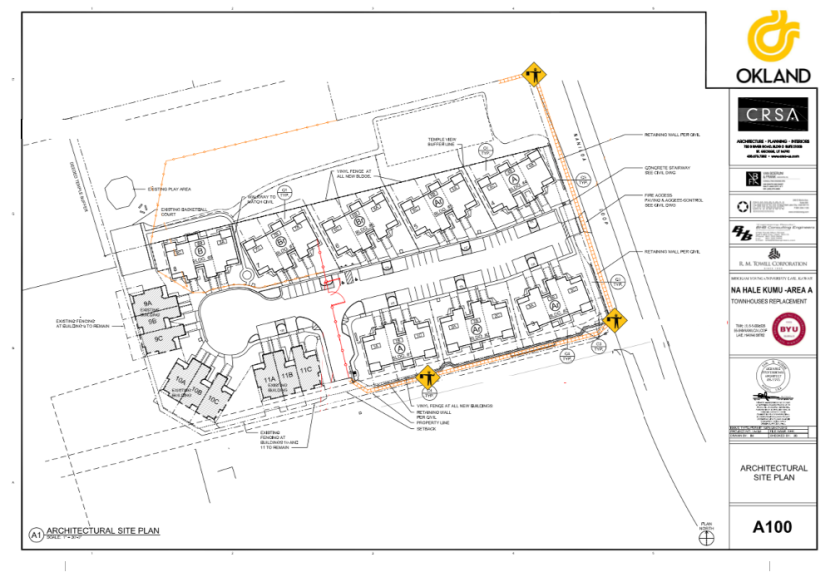 A drawn map of Na Hale Kumu Area A. Naniloa Loop is on the right-hand side and the TVA entrance next to Townhouses is right below the Na Hale Kumu houses. Jersey barricades placement is marked along the TVA entrance next to Townhouses and Naniloa Loop. The orange mesh fence placement is marked in the back yard and in front of Townhouse building 7 and 8. The construction fence panels removal is marked from the general entrance to the front porch of the Townhouse building 7.