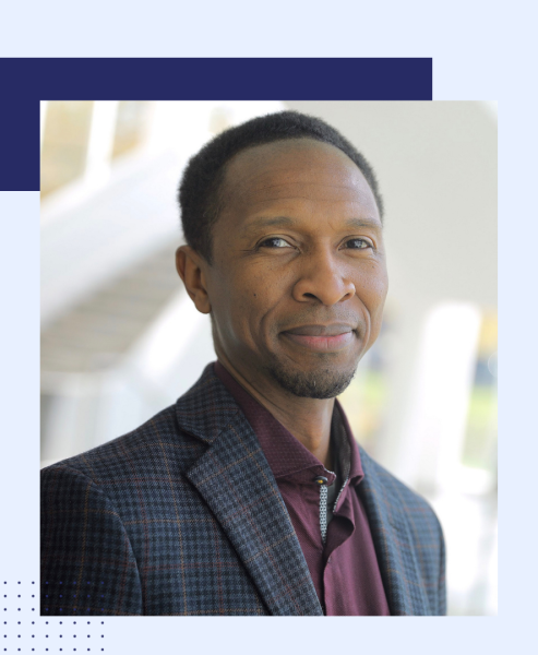 A picture of Sylvester Johnson overlaid on a blue graphic background.