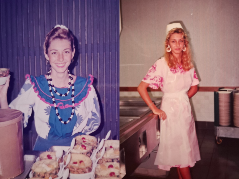 Two photos of Maeva Teurua working at a cafeteria.