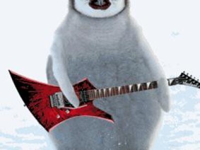 An image of a penguin holding a red guitar