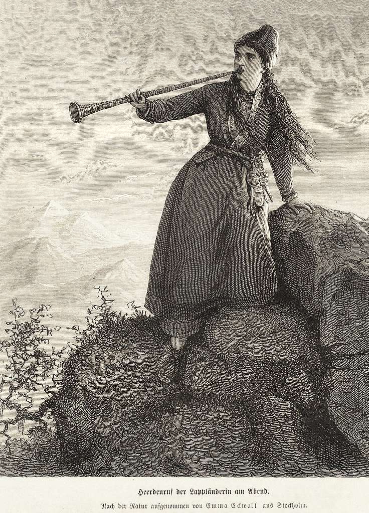artwork of Lapponian woman playing lur